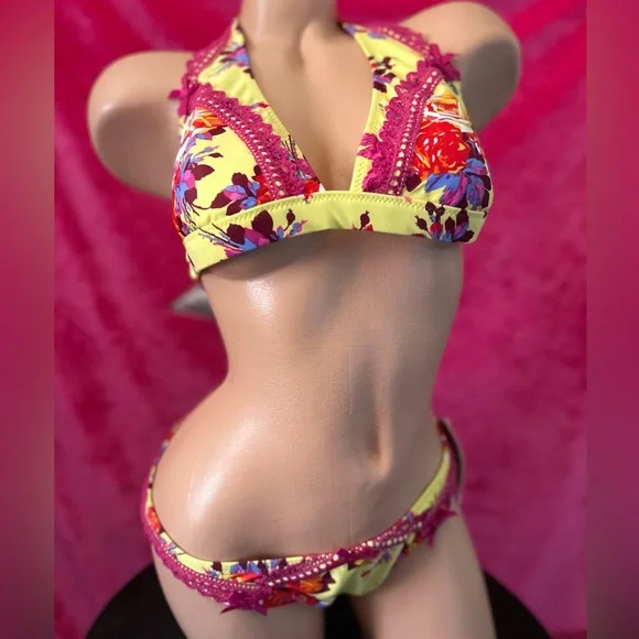 Betsey Johnson yellow pink Chez rose bikini swimsuit bottoms vintage retro pinup